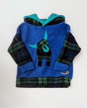 Load image into Gallery viewer, Kid&#39;s cobalt fleece hoodie with Highland cow
