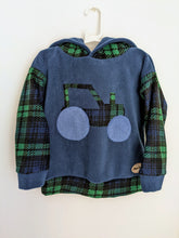 Load image into Gallery viewer, Kid&#39;s navy blue fleece hoodie with Black Watch tartan tractor
