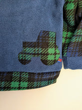 Load image into Gallery viewer, Kid&#39;s navy blue fleece hoodie with Black Watch tartan tractor
