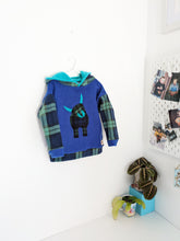 Load image into Gallery viewer, Kid&#39;s cobalt fleece hoodie with Highland cow
