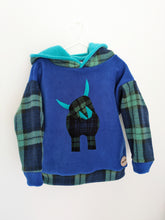 Load image into Gallery viewer, Kid&#39;s cobalt fleece hoodie with Highland cow
