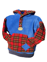 Load image into Gallery viewer, Kid&#39;s half front opening fleece with hood and Royal Stewart tartan.
