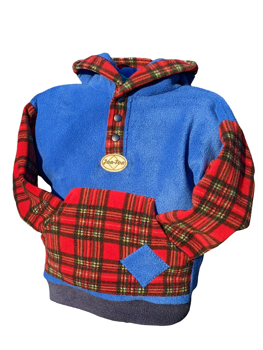 Kid's half front opening fleece with hood and Royal Stewart tartan.