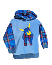 Load image into Gallery viewer, Kid&#39;s sky blue fleece hoodie with Highland coo
