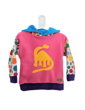 Load image into Gallery viewer, Kids pink fleece hoodie with dinosaur.
