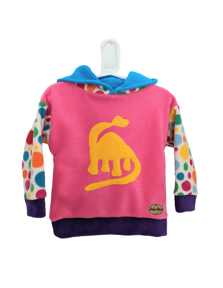 Kids pink fleece hoodie with dinosaur.