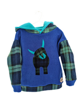 Load image into Gallery viewer, Kid&#39;s cobalt fleece hoodie with Highland cow
